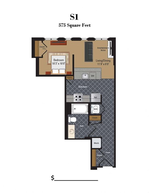 Floor plan for studio, 1 bath, 575 sqft